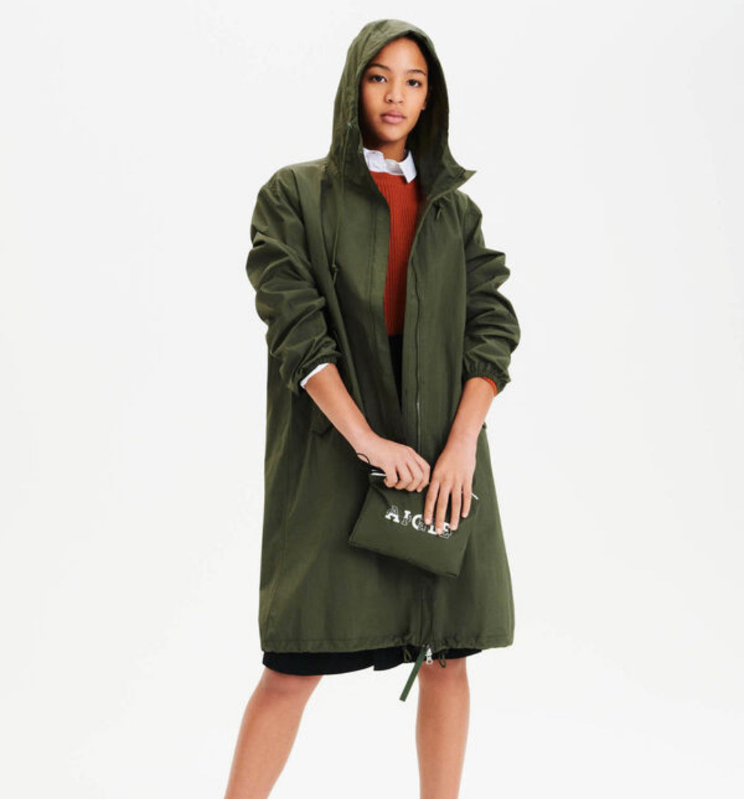 Regnjakke | Long packable parka - Army