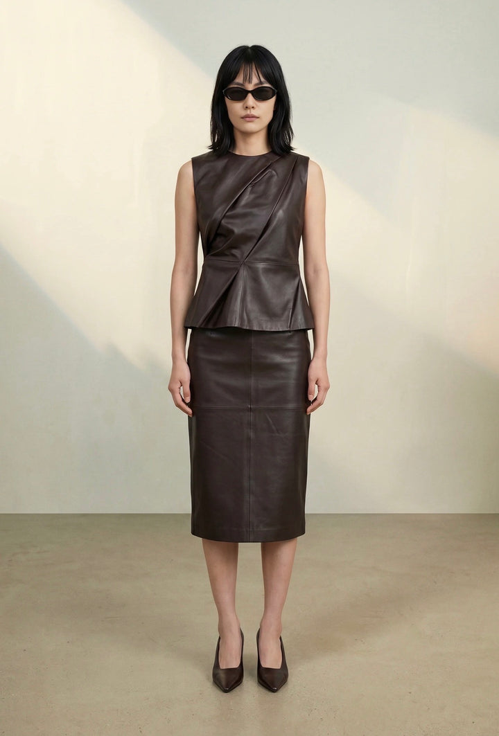 Skinnskjørt | Lily Leather Pencil Skirt  - Espresso Brown