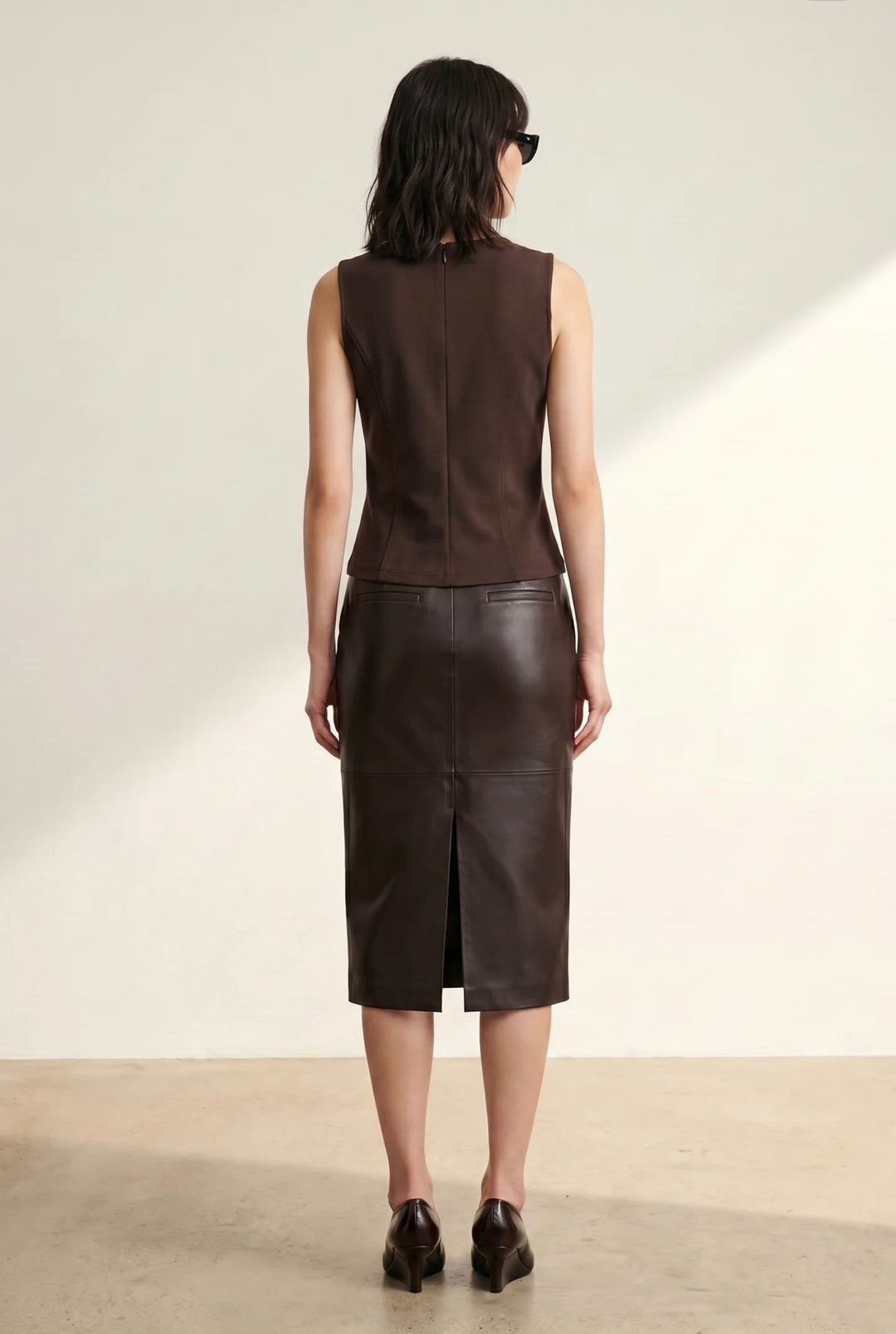 Skinnskjørt | Lily Leather Pencil Skirt  - Espresso Brown