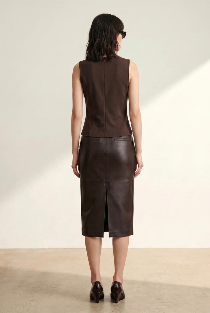 Skinnskjørt | Lily Leather Pencil Skirt  - Espresso Brown